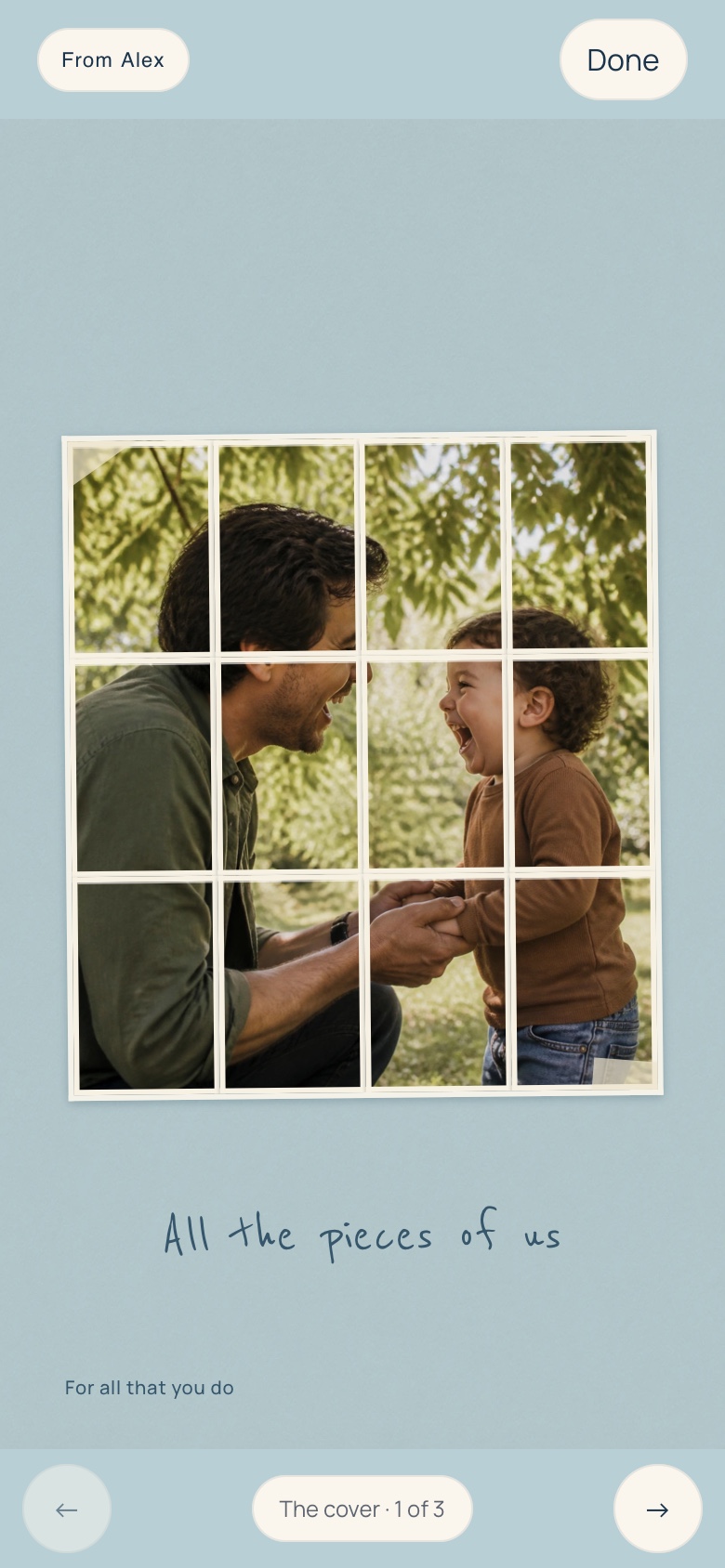 Pieces of one day: a fictional parent and toddler photo arranged as little prints