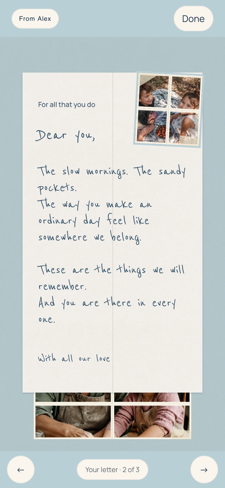 Inside the Pieces of one day card, with a personal letter from Alex