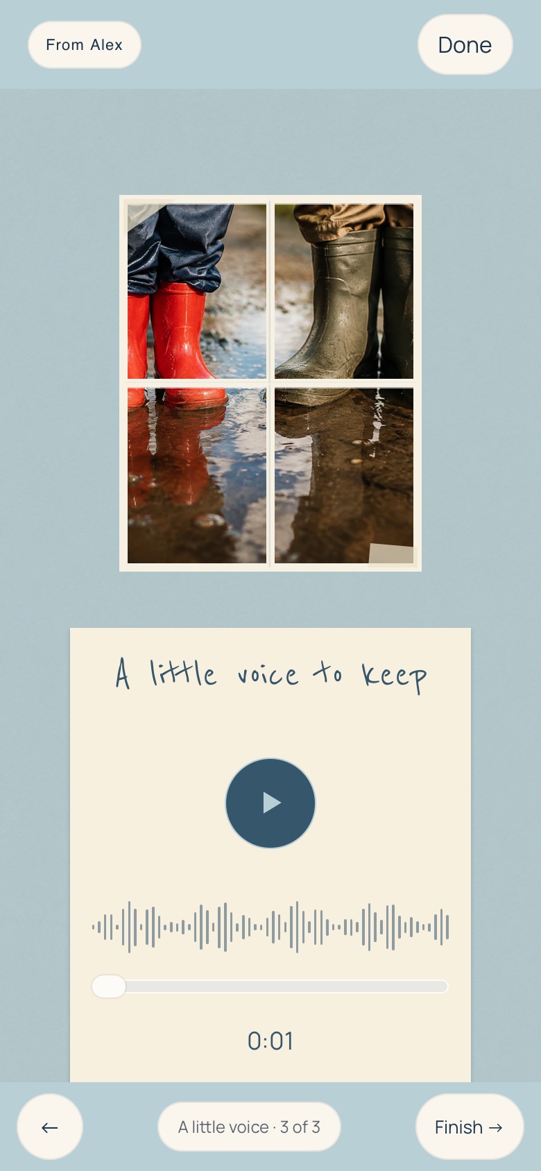 The third page of Pieces of one day: little red boots and an optional voice message