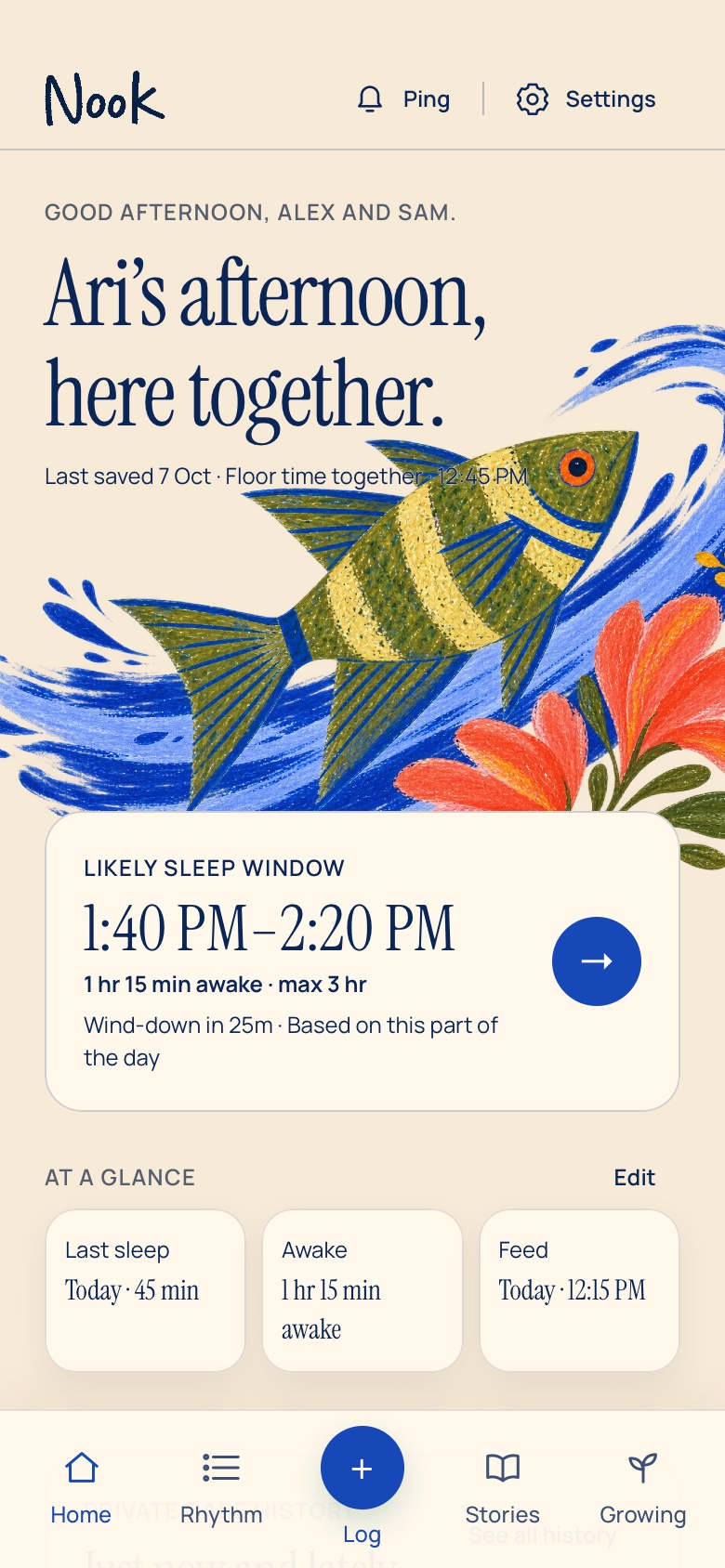 Nook home screen with fictional family data, recent sleep and a likely sleep window