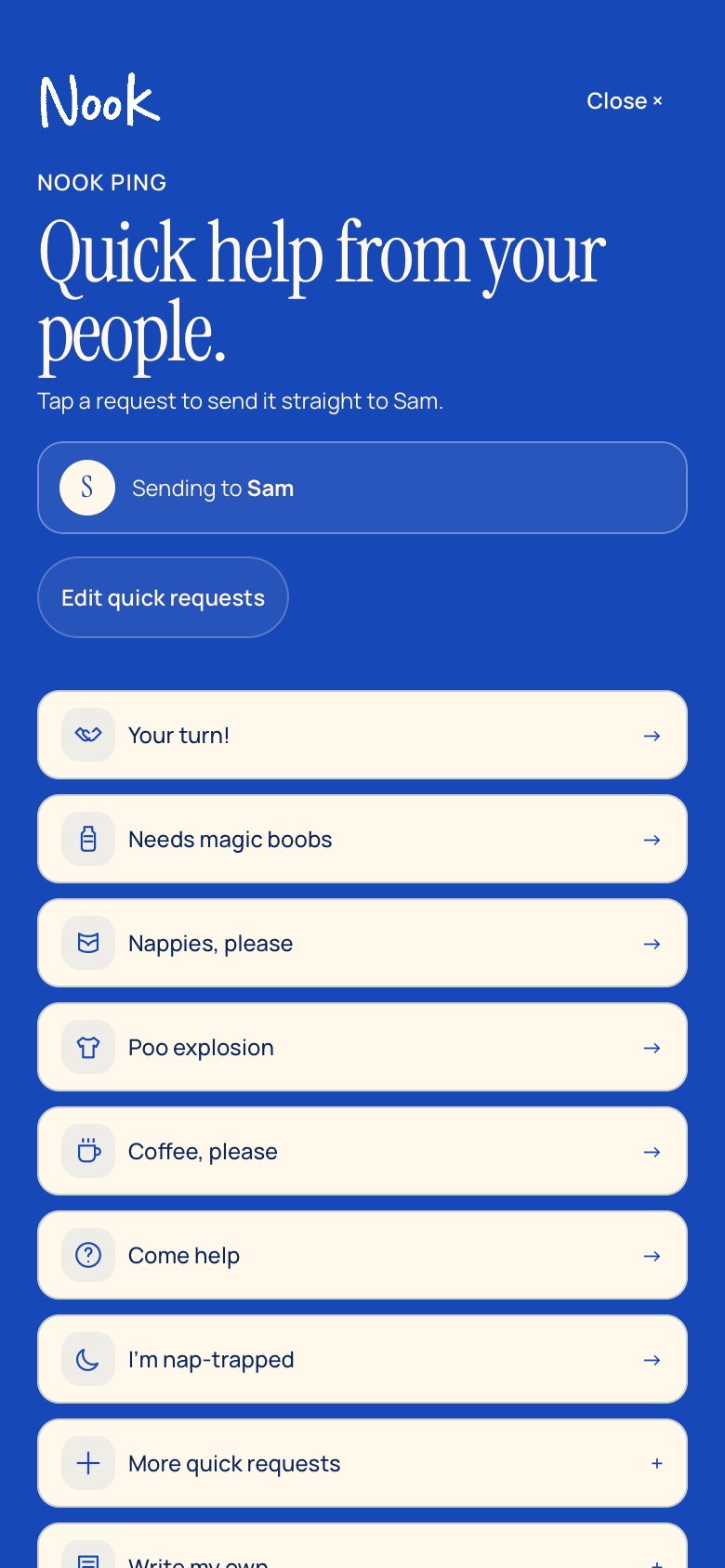 Nook Ping with quick requests and a care handover shortcut