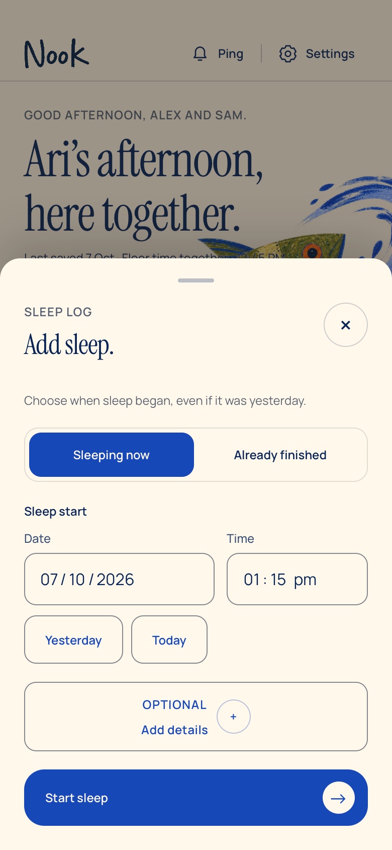 Nook sleep logging sheet for a fictional family